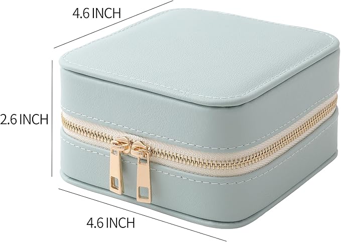 Genuine Leather Travel Jewelry Organizer Case with Mirror for Women, Small Mini Portable Jewelry Box for Ring Earrings Necklace Bracelet Luxury Gift for Women（Cyan）