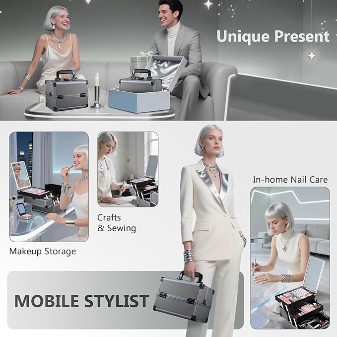 Joligrace Makeup Train Case Makeup Case Organizer Portable Cosmetic Box Storage with 2 Trays Mirror Locking with Keys Make Up Travel Case Nail Kits Traveling Makeup Box Iron Grey