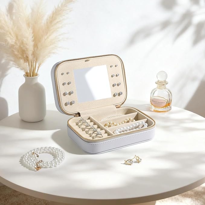 Genuine Leather Travel Jewelry Organizer Case with Mirror for Women, Small Mini Portable Jewelry Box for Ring Earrings Necklace Bracelet Luxury Gift for Women（Lilac）