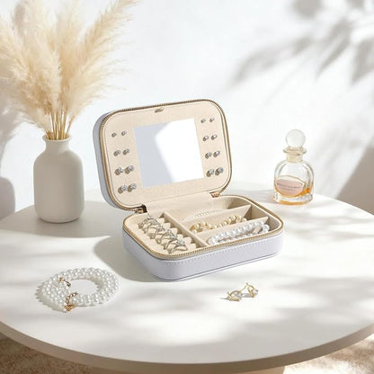 Genuine Leather Travel Jewelry Organizer Case with Mirror for Women, Small Mini Portable Jewelry Box for Ring Earrings Necklace Bracelet Luxury Gift for Women（Lilac）