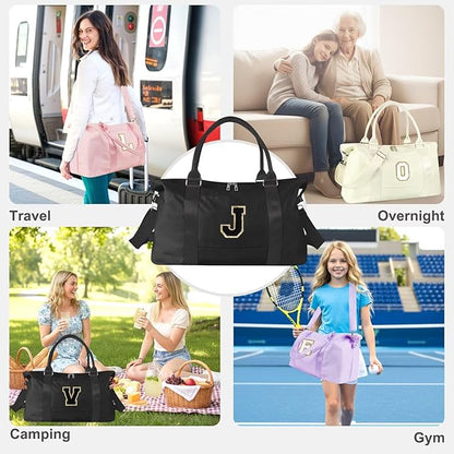 Dance Gym Duffel Bag for Teen Girls, Personalized Initial Travel Weekender Bag,Cute Overnight Carry On Duffle for Women,Sports Travel Cheer Bag,Monogram Christmas Gifts for Tween Preppy(black-J)