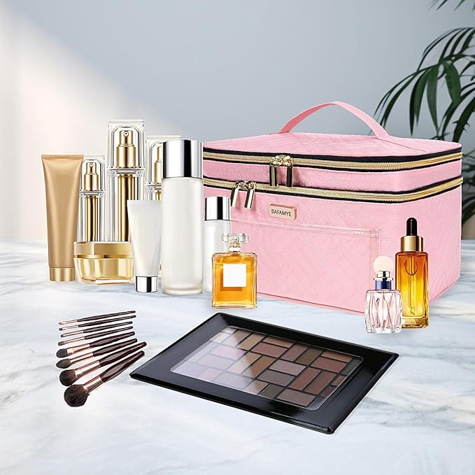 Double Layer Travel Makeup Bag for Women, Large Cosmetic Case Organizer with Makeup Brush Compartment, Portable Train Case Make Up Bag for Travel-Size