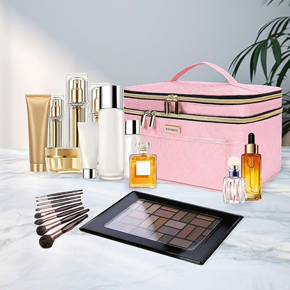 Double Layer Travel Makeup Bag for Women, Large Cosmetic Case Organizer with Makeup Brush Compartment, Portable Train Case Make Up Bag for Travel-Size