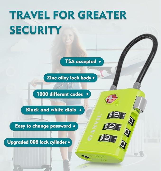 ANVIL TSA Approved Luggage Locks – High Security TSA008 Combination Travel Locks with Inspection Indicator for Suitcases and Backpacks. (2, Grass Green)