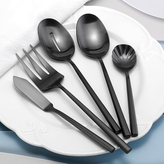 DEACORY Silverware Set with Serving Utensil Set Matte Black Flatware Set Hand Forged Stainless Steel Cutlery Set 45 Pieces Matte Finished Hexagon Handle Service for 8