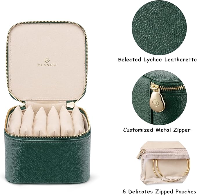 Vlando Small Travel Jewelry Box Organizer -6 Small Carry-on Zipped Pouches for Jewelries Necklaces Rings Earrings Necklace Sorting Storage, Dark Green