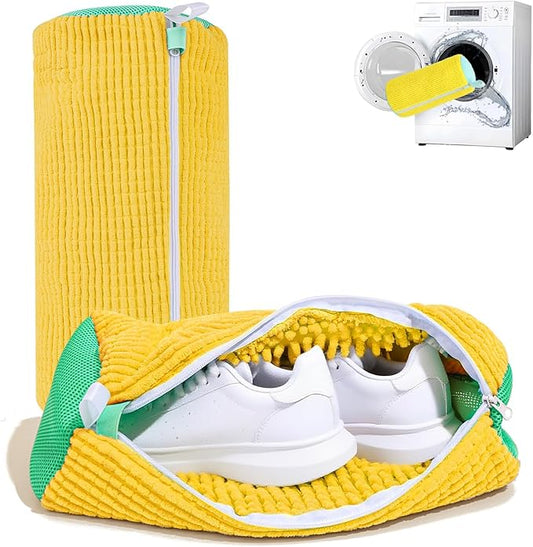 Shoe Washing Machine Bag, 2Pcs Laundry Shoe Bags for Washer and Dryer, 360° Deep Clean, Reusable Cleaning Kit for All Shoe Sizes, Endurable Zipper Washing Bag for Sneaker Gym Shoes, Yellow