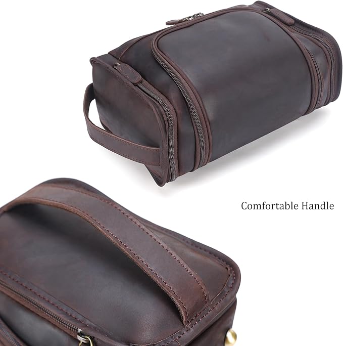 Polare Full Grain Leather Toiletry Bag Travel Dopp Kit Makeup Cosmetic Organizer Shaving Kit Wash Case with Hanging Hook
