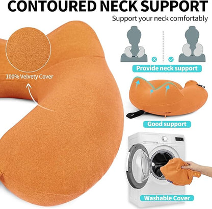 2 Pack Inflatable Travel Neck Pillows for Airplanes, Head Support Velvet Adult Neck Pillows for Long Flight, Kit with Eye Mask, Earplugs and Storage Bag, 2, Orange