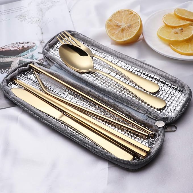 Portable Stainless Steel Flatware Set, Travel Camping Cutlery Set, Portable Utensil Travel Silverware Dinnerware Set with a Waterproof Case (Gold)