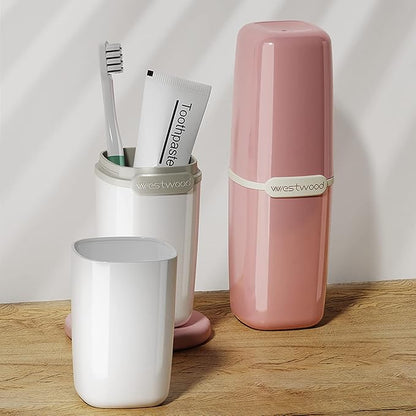 Pink Toothbrush Travel Case, Portable Travel Toothbrush & Toothpaste Holder Cover Organizer Container with Mouthwash Cup for School, Camping, Business Trip, Bathroom Storage