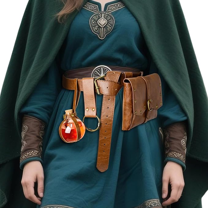 Renaissance Belt Pouch Viking Leather Medieval Belt Waist Bag Pirate Cosplay Festival Halloween Adjustable Accessories (Bottles-Brown)