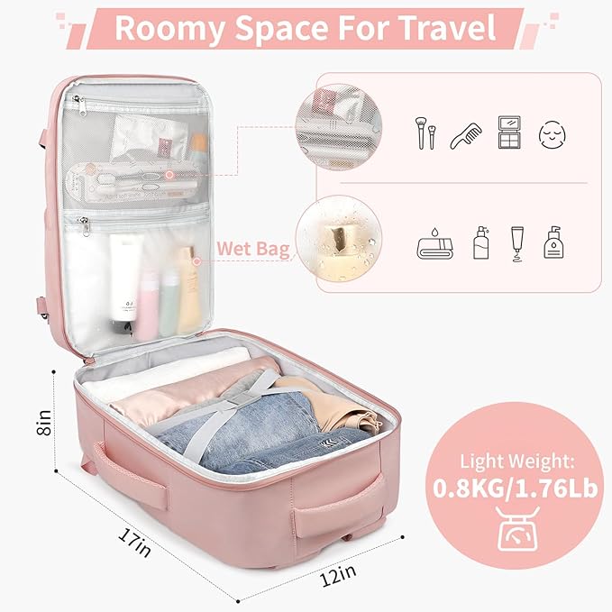 ZOMFELT Travel Backpack for Women Men, Carry On Backpack, TSA 15.6inch Laptop Backpack Flight Approved, Personal Item Travel Bag Nurse Bag Casual Daypack for Weekender Business Trip, Pink