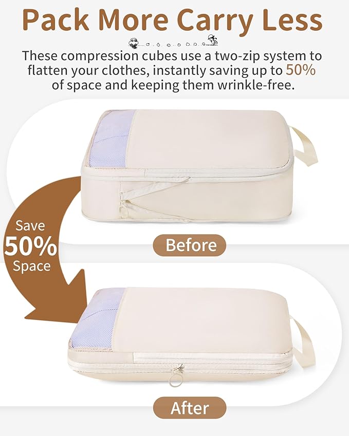 Compression Packing Cubes 11 Set, Suitcase Organizers, Luggage Organizer Bags for Storage, Extendable Packing Cubes for Travel Compression, Travel Essentials, Beige