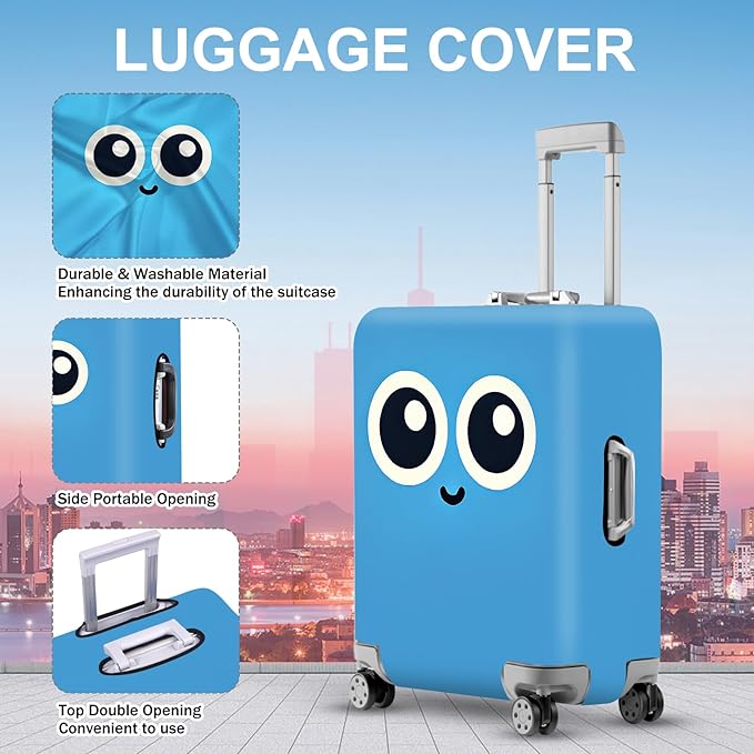 ANNA QUEEN Cute Smiley Face Luggage Cover, Blue Cartoon Suitcase Protector with Big Eyes Design, Stretchable, Washable Travel Cover for 24-26 Inch Luggage