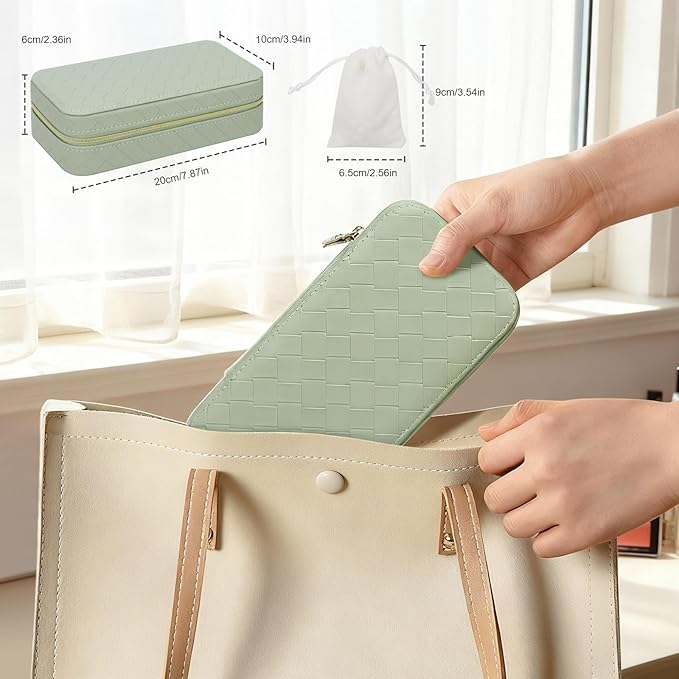 DesignSter Jewelry Organizer, Small Portable Travel Jewelry Storage for Women, Woven Embossed PU Jewelry Case with Mirror for Ring Earring Necklace Bracelet
