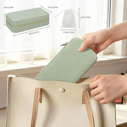 DesignSter Jewelry Organizer, Small Portable Travel Jewelry Storage for Women, Woven Embossed PU Jewelry Case with Mirror for Ring Earring Necklace Bracelet