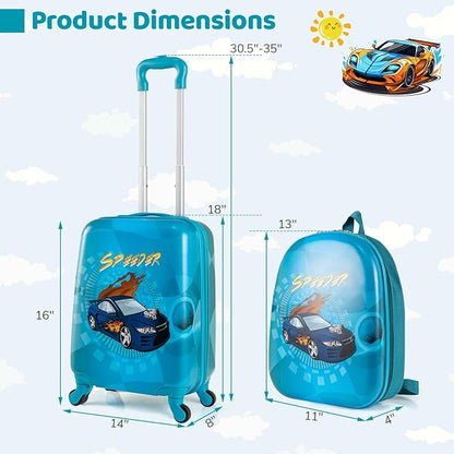 HONEY JOY Kids Luggage, Travel Backpack & Hard Shell Toddler Suitcase, Children Rolling Luggage with Wheels, Retractable Handle & 4 Casters, 2Pcs Carry On Luggage Set for Boys Girls(Racing Car)