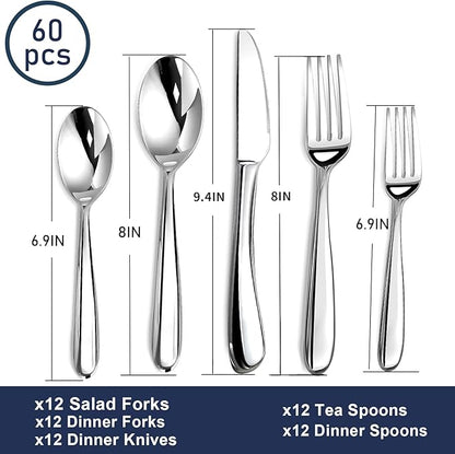 Heavy Duty Silverware Set for 12, 60 Piece Premium Stainless Steel Flatware Utensils Cutlery Set Including Steak Knife Fork and Spoon, Dishwasher Safe, Gift Package for Wedding Housewarming