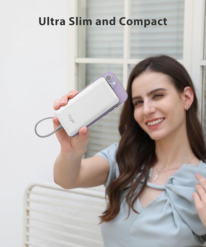 TG90° 10000mAh Power Bank Built-in Cables(No Plug), Pocket Size USB C Portable Charger, 3A Fast Charging External Battery Pack, Travel Essential Phone Powerbank Compatible with iPhone Samsung iPad