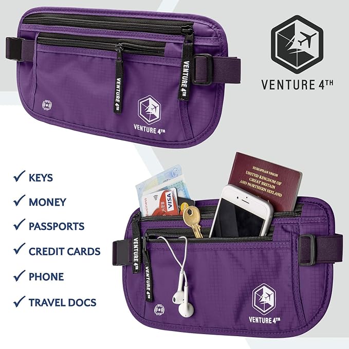 VENTURE 4TH Travel Money Belt - Slim Passport Holder RFID Blocking Travel Pouch to Protect Cash, Credit Cards and Travel Documents (Purple)