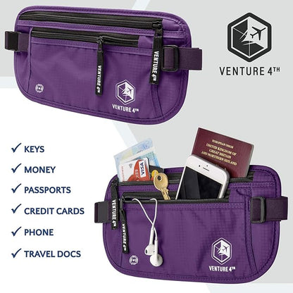 VENTURE 4TH Travel Money Belt - Slim Passport Holder RFID Blocking Travel Pouch to Protect Cash, Credit Cards and Travel Documents (Purple)