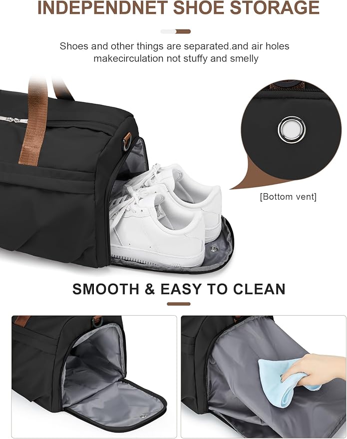 Gym Bag for Women Men with Shoe Compartment, Sport Duffel Bag, Waterproof Travel Weekender Overnight Carry on Bag for Yoga with Trolley Sleeve, Black Brown