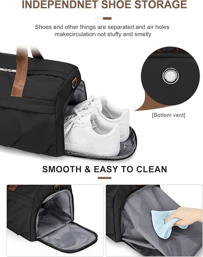 Gym Bag for Women Men with Shoe Compartment, Sport Duffel Bag, Waterproof Travel Weekender Overnight Carry on Bag for Yoga with Trolley Sleeve, Black Brown