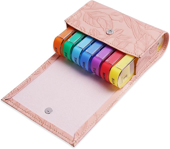 Pill Organizer,LIZIMANDU Weekly Travel Pill Case Box Medication Reminder Daily AM PM, Day Night 7 Compartments,for 4 Times A Day, 7 Days a Week-Includes Leather PU Carrying Case(1-Carved Pink)