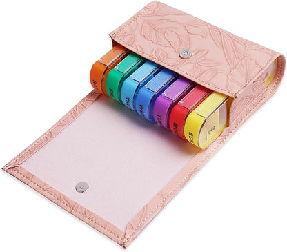 Pill Organizer,LIZIMANDU Weekly Travel Pill Case Box Medication Reminder Daily AM PM, Day Night 7 Compartments,for 4 Times A Day, 7 Days a Week-Includes Leather PU Carrying Case(1-Carved Pink)