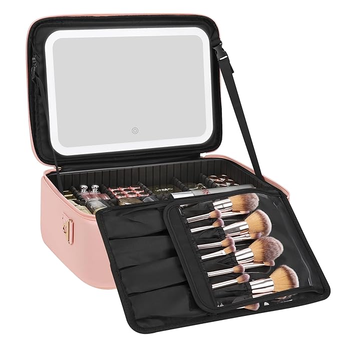 Relavel Makeup Bag with LED Mirror, 16.2 inches Large Professional Makeup Case for Makeup Artists, Travel Portable Cosmetic Organizer Storage Box, Vanity Case with 3 Colors Lighted Mirror, Pink