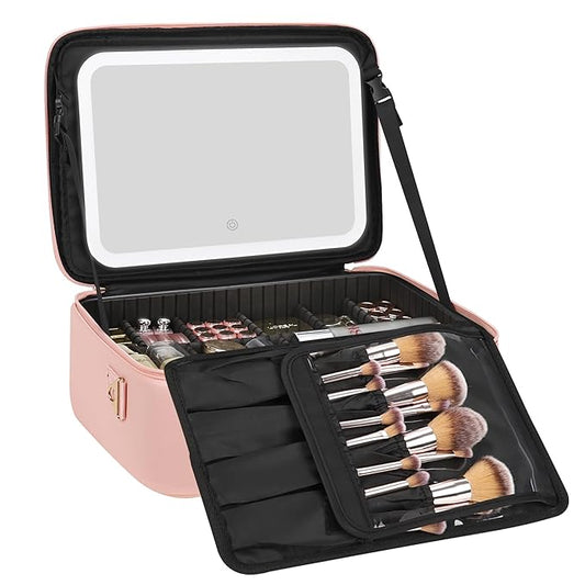 Relavel Makeup Bag with LED Mirror, 16.2 inches Large Professional Makeup Case for Makeup Artists, Travel Portable Cosmetic Organizer Storage Box, Vanity Case with 3 Colors Lighted Mirror, Pink