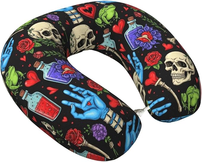 Neck Pillow for Sleeping Rest Nap Halloween Goth Skull Mushroom Vampire Magic Witch Witchcraft, Airplanes/Car/Home Memory Foam Travel Cushion with Polyester Cover Washable for Women Men
