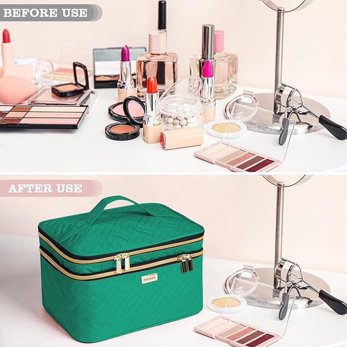 8.8L Double Layer Travel Makeup Bag With Mirror For Women, Large Cosmetic Case, Organizer for Travel-Size Accessories Bottles, Brushes,and Skin Care Products, 2.33 GAL, Green…