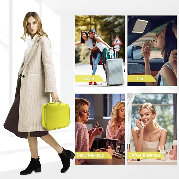 Travel Makeup Bag for Women and Makeup Artists Cosmetic Organizer Large Makeup Case,Travel Makeup Bag with Mirror 3 Color Setting,Portable Storage and Adjustable Dividers(yellow)