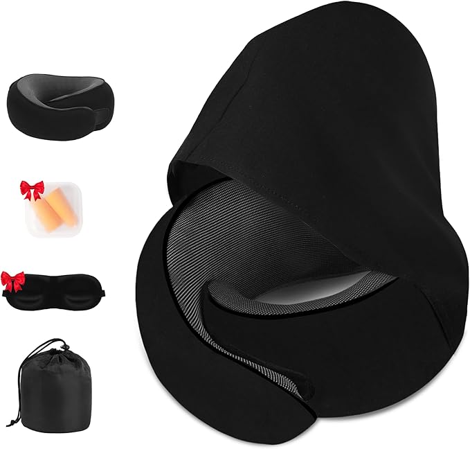 Travel Neck Pillow, Newly Upgraded Hooded Neck Pillow , 100% Pure Memory Foam Travel Pillow for Flight Headrest Sleep,Windproof and heat preservation,Suitable for use in Outdoor/ Plane/Car/Office