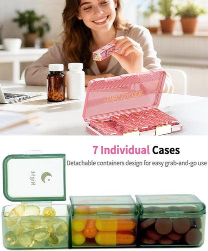 Weekly Pill Organizer 3X a Day, Large 7 Day Pill Box 3 Times a Day with 7 Compartments, Portable Travel Daily Pill Box for Medication, Vitamins, Fish Oil and Supplements, Green