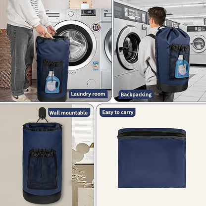 Laundry Bag Backpack with Shoulder Straps and Mesh Pocket Foldable Clothes Hamper Bag with Drawstring Closure for College, Apartment, Laundromat (Dark Blue)
