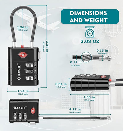ANVIL TSA Approved Luggage Locks – High Security TSA008 Combination Travel Locks with Inspection Indicator for Suitcases and Backpacks. (8, Black)