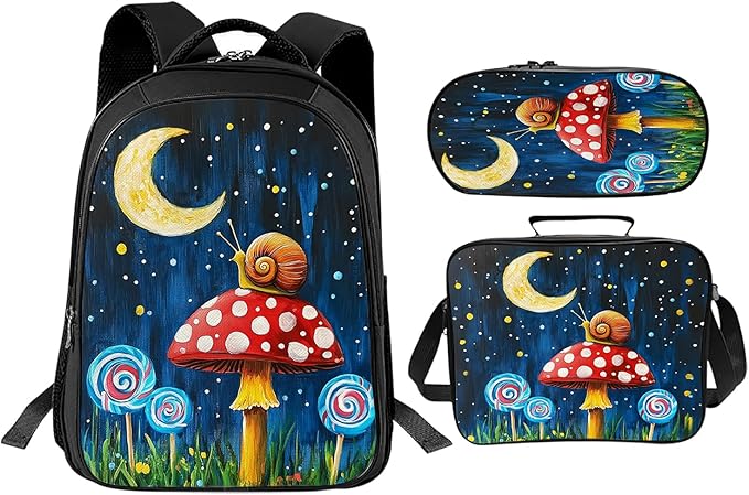 Mushroom Snails Backpack Mushroom Moon Night 17 Inches Bookbag 3PCS Set with Lunch Box Pencil Case Daypack for Kids Girls Boys
