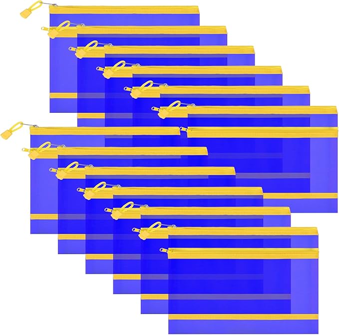 12 Pieces Zipper Nylon Mesh Pouch, Mesh Cosmetic Bags Makeup Bags Pencil Case, Multipurpose Travel Bags for Cosmetic School Office Supplies and Travel Accessories (2 Layers-Blue, A5)