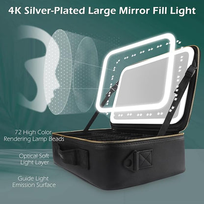 MOMIRA Large Makeup Train Case with Lighted and Mirror Partitionable Cosmetic Bag Travel Makeup Case Professional Cosmetic Artist Organizer, Waterproof Portable, with Shoulder Stra