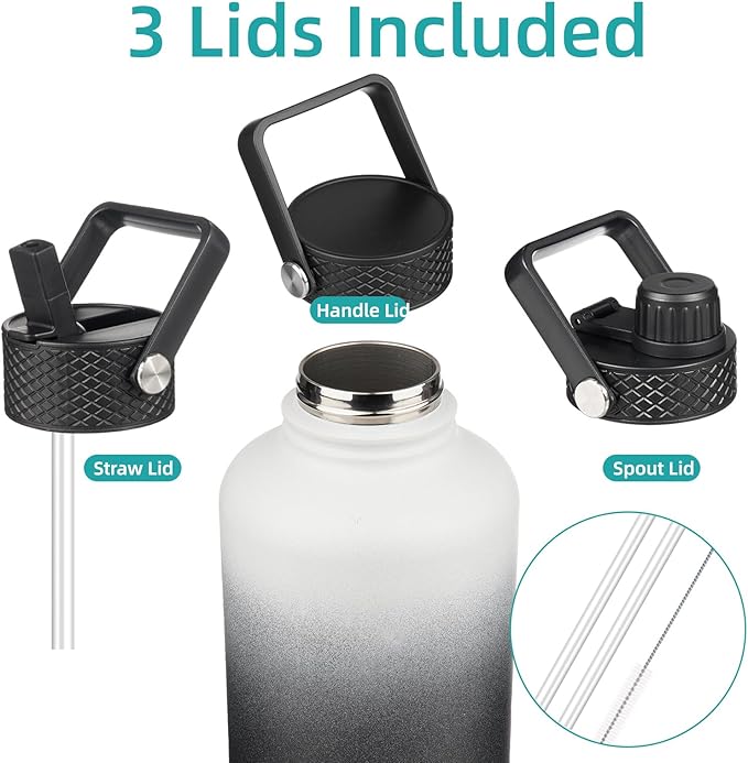 Half Gallon Insulated Water Bottle with Straw,64 oz 3 Lids Water Jug with Carrying Bag,Paracord Handle,Double Wall Vacuum Stainless Steel Metal Flask,Day Night