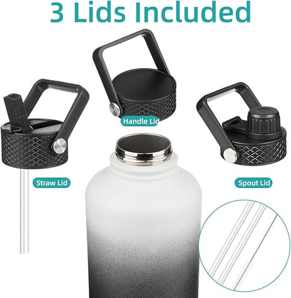 Insulated Water Bottle with Straw,87 oz 3 Lids Water Jug with Carrying Bag,Paracord Handle,Double Wall Vacuum Stainless Steel Metal Flask,Day Night