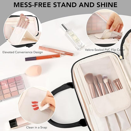 Travel Makeup Bag for Women Fashion Large Capacity Pouch Open Flat Cosmetic Portable Organizer Waterproof Large Opening Storage Toiletry Bags Vertical Free-Standing Brush Holder for Easy Access Black
