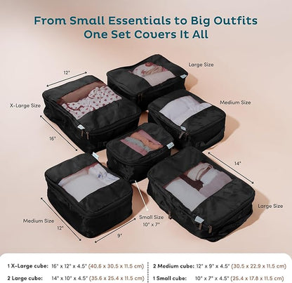 6-Pack Large Compression Packing Cubes for Travel - Lightweight Compression Packing Cube Set, Water-Resistant Luggage Organizer Bags & Suitcase Organizers, Travel Cubes for Carry-On, Checked Luggage