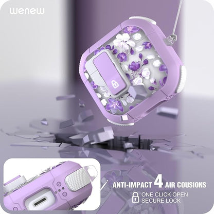 WENEW Case for AirPods 4th Case Cover Secure Lock Automatic Snap Switch Clip Cleaner Kit Lanyard Women Stylish Flower Armour Hard Shell Full Body Front LED Visible (Purple Flower, AirPods 4th)