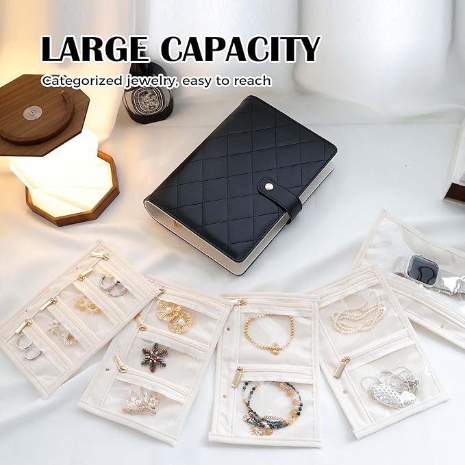 Travel Jewelry Organizer Case ， Portable Jewelry Organizers Storage Book, Compact Jewelry Roll for Earrings, Rings, Necklaces - Perfect Jewelry Travel Bag for Women