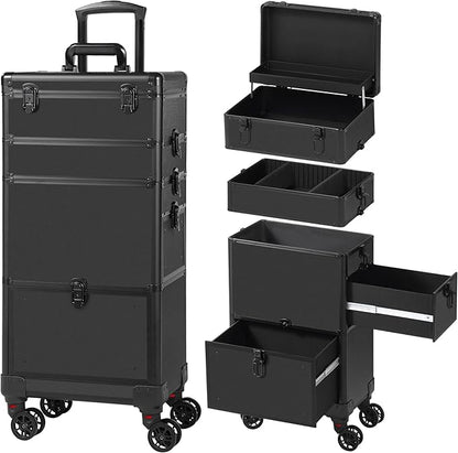 Makeup Train Case with Drawer, Rolling Makeup Case, Cosmetology Case on Wheels, Gift, Travel Makeup Organizers, Profesional Cosmetic Case for Salon Barber,Nail,Tattoo, Black