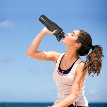 HYDROWION 32oz Water Bottle, Double Wall Vacuum Stainless Steel Insulated Water Flask with Straw Lid, Spout Lid and Flex Cap(Cold for 48 Hrs, Hot for 24 Hrs), Leakproof Travel Thermo Mug, Black&Grey